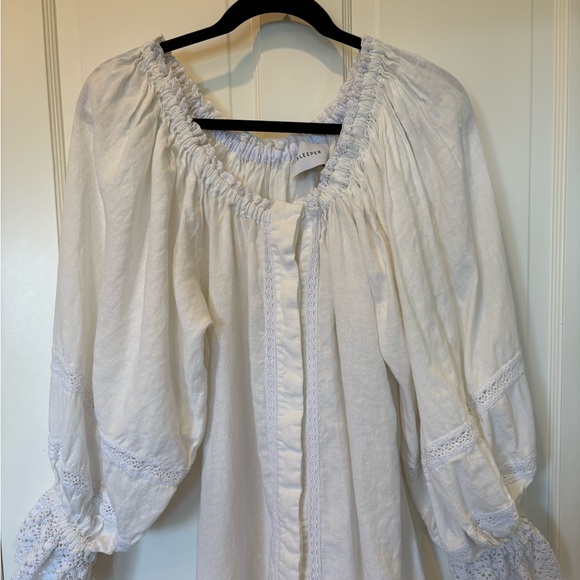 Sleeper Women’s White Paloma Linen Lounge Dress Puff Sleeve Lace Midi - Picture 2 of 5